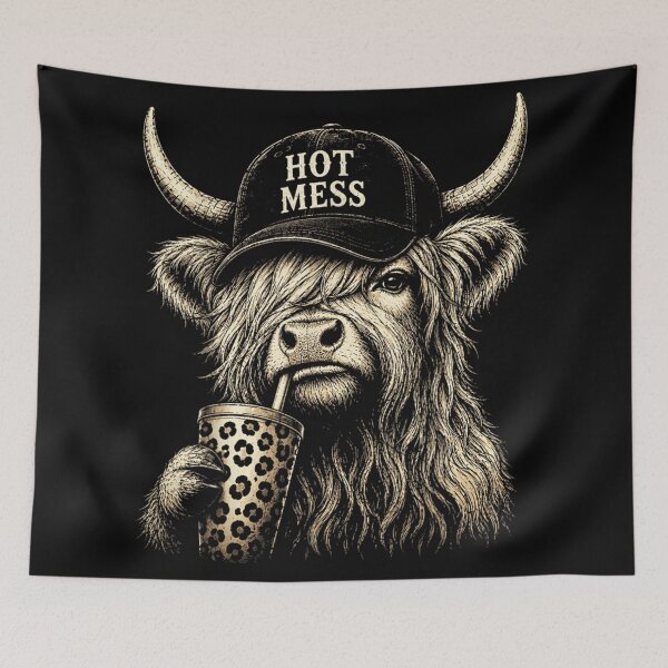 Item preview, Hot Mess Highland Cow Drinking Boba Funny Farm Animal Vintage Design designed and sold by DienesAngele.