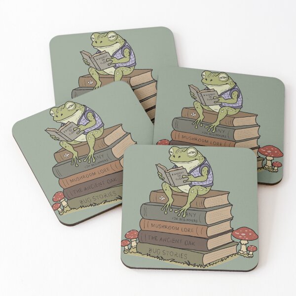Item preview, Frog reading on vintage book stack mushroom cottagecore illustration designed and sold by LeshanArt.