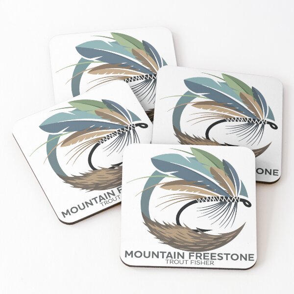 Item preview, Fly fishing illustration, logo style, text "Mountain Freestone trout fisher". designed and sold by Art-Horizon.