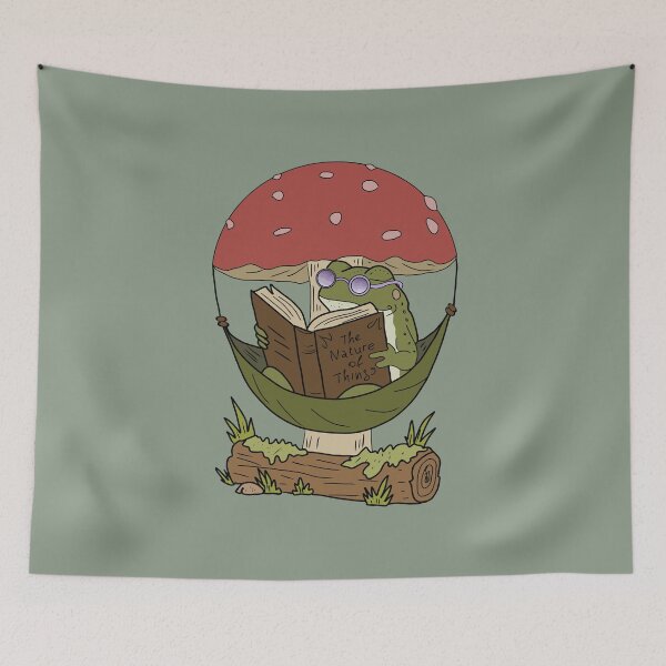 Item preview, Frog reading book in hammock mushroom cottagecore illustration designed and sold by LeshanArt.