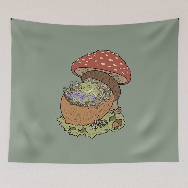 Item preview, Frog sleeping in acorn mushroom cottagecore illustration designed and sold by LeshanArt.