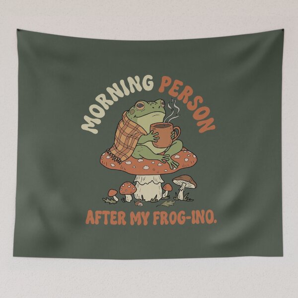 Item preview, Frog drinking coffee on mushroom cottagecore illustration designed and sold by LeshanArt.