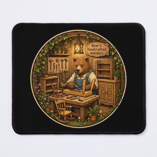 Item preview, Bear's Handcrafted Wonders | Woodland Furniture Maker | Cottagecore Woodworking Workshop | Rustic Carpenter Gift designed and sold by MrDev.