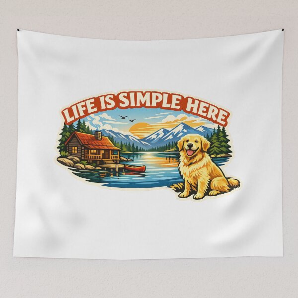 Item preview, Life Is Simple Here – Golden Retriever Cabin Lake Mountain Outdoor Dog Lover Design designed and sold by Sahil Randhawa.