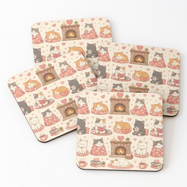 Item preview,  Cozy Cat Heart Fireplace Kawaii Love Pattern designed and sold by Soft Berry Studio.