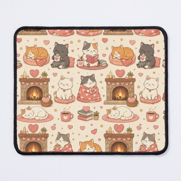 Item preview, Cozy Cat Heart Fireplace Kawaii Love Pattern designed and sold by Soft Berry Studio.