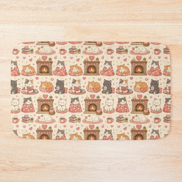 Item preview,  Cozy Cat Heart Fireplace Kawaii Love Pattern designed and sold by Soft Berry Studio.