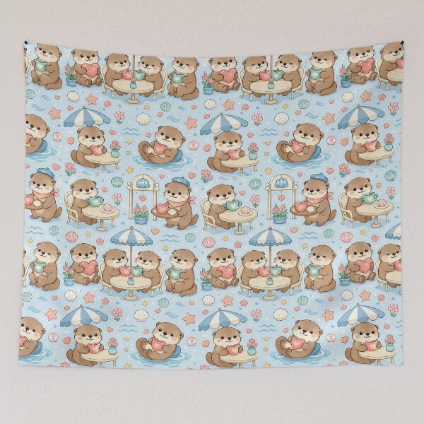 Aperçu de l'œuvre Motif kawaii Loutre Amour Café Bord de Mer créée et vendue par Soft Berry Studio.