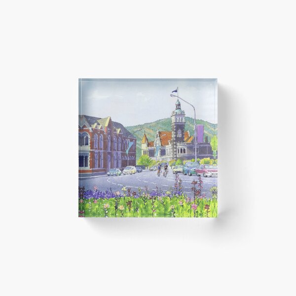 Item preview, Dunedin, New Zealand, train station and old prison with bicyclists designed and sold by Dave Baab watercolors.