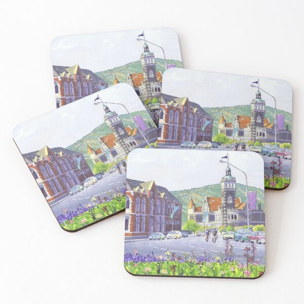 Item preview, Dunedin, New Zealand, train station and old prison with bicyclists designed and sold by Dave Baab watercolors.