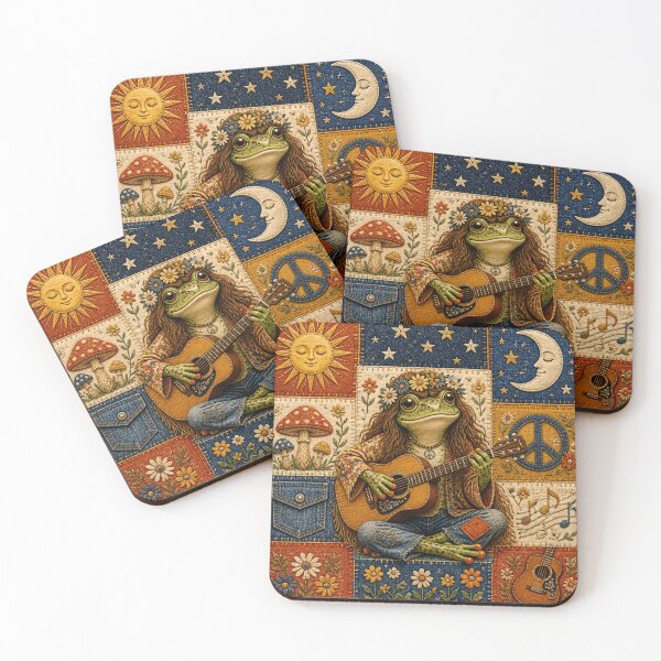 Item preview, Patchwork Hippie Frog Playing Guitar | 70s Retro Bohemian Art designed and sold by Natalia-Vlad.