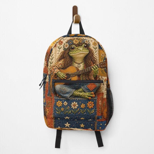 Item preview, Patchwork Hippie Frog Playing Guitar | 70s Retro Bohemian Art designed and sold by Natalia-Vlad.