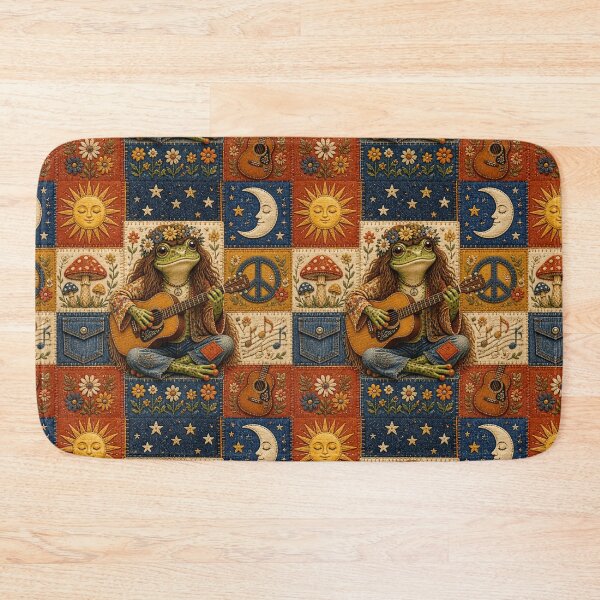 Item preview, Patchwork Hippie Frog Playing Guitar | 70s Retro Bohemian Art designed and sold by Natalia-Vlad.