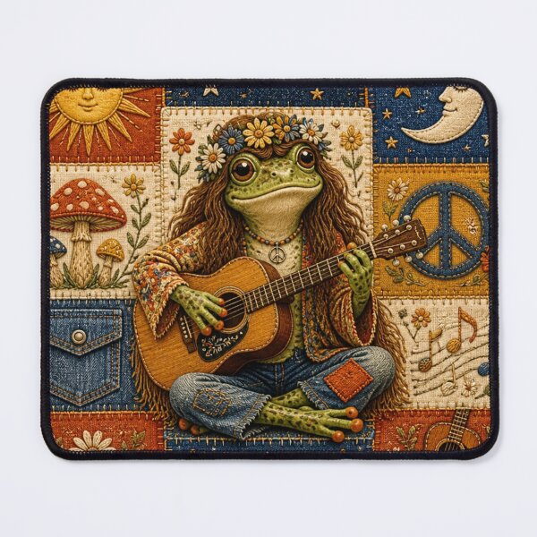 Item preview, Patchwork Hippie Frog Playing Guitar | 70s Retro Bohemian Art designed and sold by Natalia-Vlad.
