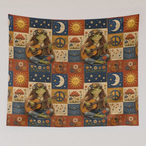 Item preview, Patchwork Hippie Frog Playing Guitar | 70s Retro Bohemian Art designed and sold by Natalia-Vlad.