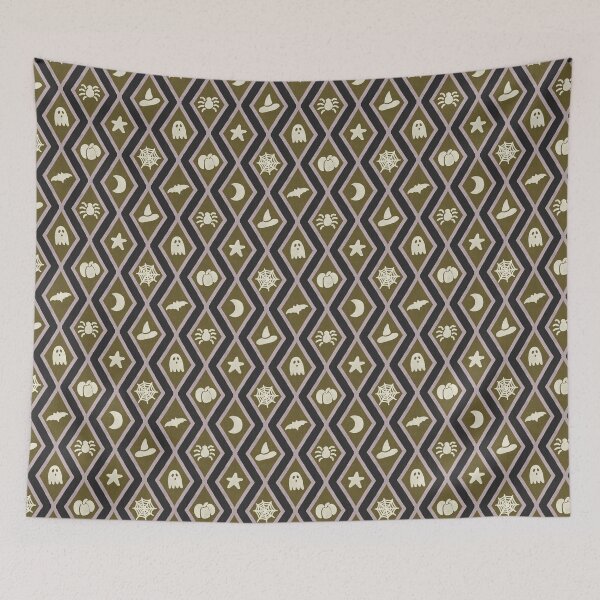 Item preview, Ghouls & Co - Retro Whimsigoth Halloween Argyle Lilac Olive Black designed and sold by DesigndN.