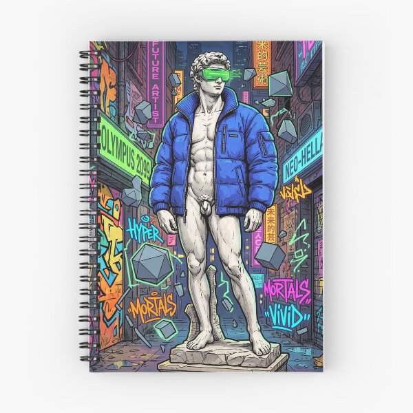 Item preview, Cyberpunk Michelangelo David Statue Wearing Blue Puffer Jacket designed and sold by Pride Emblem Prints.