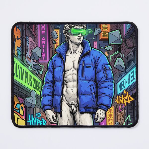 Item preview, Cyberpunk Michelangelo David Statue Wearing Blue Puffer Jacket designed and sold by Pride Emblem Prints.