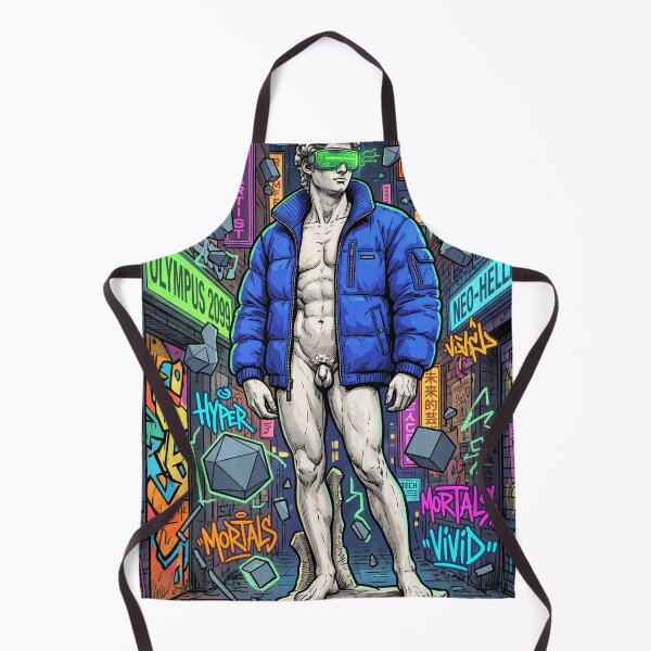 Item preview, Cyberpunk Michelangelo David Statue Wearing Blue Puffer Jacket designed and sold by Pride Emblem Prints.
