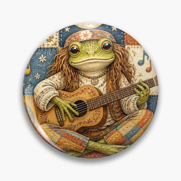 Item preview, Patchwork Hippie Frog Playing Guitar | 70s Retro Bohemian Art designed and sold by Natalia-Vlad.