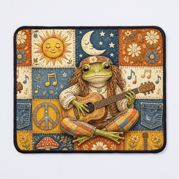 Item preview, Patchwork Hippie Frog Playing Guitar | 70s Retro Bohemian Art designed and sold by Natalia-Vlad.