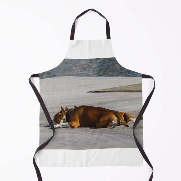 Item preview, Sleeping Brown Dog Resting on Waterfront Concrete Dock in Sun With Collar and Chain designed and sold by Nmallia.