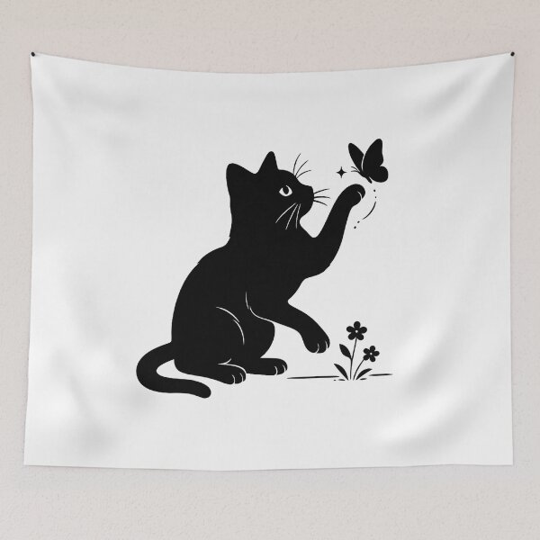 Aperçu de l'œuvre Chat noir joueur et papillon magique – Silhouette féline minimaliste créée et vendue par OTSC.