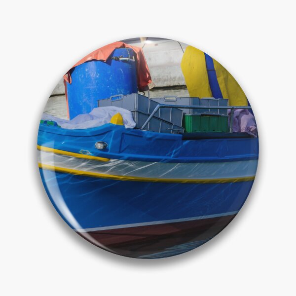 Item preview, Colorful Blue Fishing Boat Moored in Quiet Harbor With Gear, Crates and Water Reflections designed and sold by Nmallia.