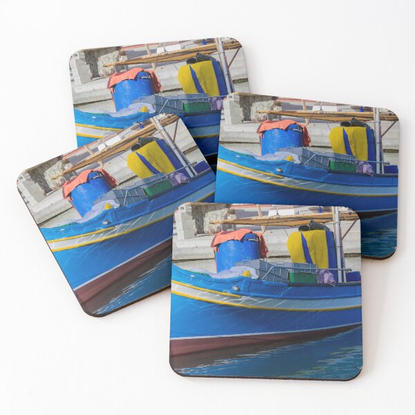 Item preview, Colorful Blue Fishing Boat Moored in Quiet Harbor With Gear, Crates and Water Reflections designed and sold by Nmallia.