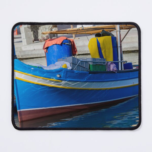 Item preview, Colorful Blue Fishing Boat Moored in Quiet Harbor With Gear, Crates and Water Reflections designed and sold by Nmallia.
