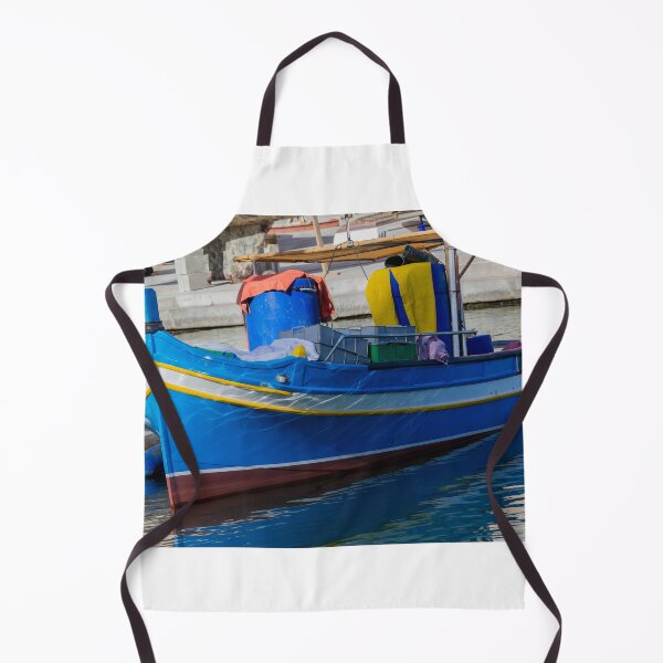 Item preview, Colorful Blue Fishing Boat Moored in Quiet Harbor With Gear, Crates and Water Reflections designed and sold by Nmallia.
