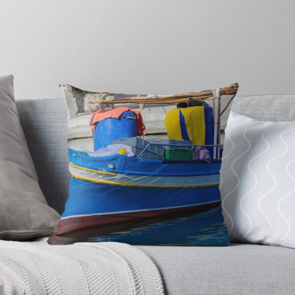 Item preview, Colorful Blue Fishing Boat Moored in Quiet Harbor With Gear, Crates and Water Reflections designed and sold by Nmallia.