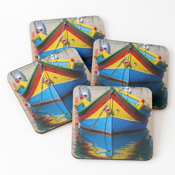 Item preview, Colorful Maltese Fishing Boat Luzzu Moored in Calm Harbor With Bright Reflections designed and sold by Nmallia.