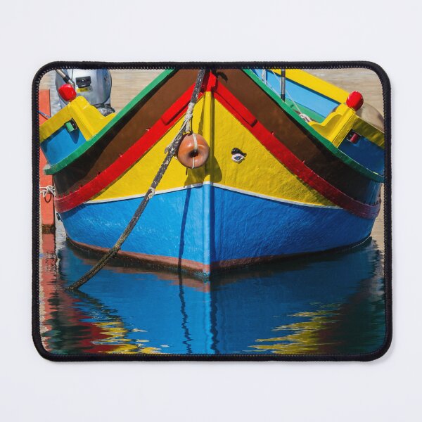 Item preview, Colorful Maltese Fishing Boat Luzzu Moored in Calm Harbor With Bright Reflections designed and sold by Nmallia.