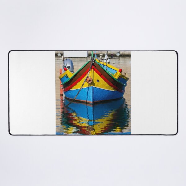 Item preview, Colorful Maltese Fishing Boat Luzzu Moored in Calm Harbor With Bright Reflections designed and sold by Nmallia.
