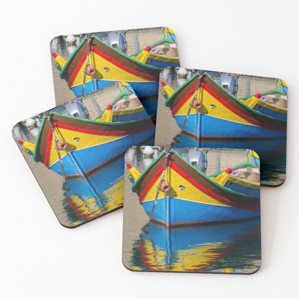 Item preview, Colorful Maltese Fishing Boat Luzzu Moored in Calm Harbor With Bright Reflections designed and sold by Nmallia.