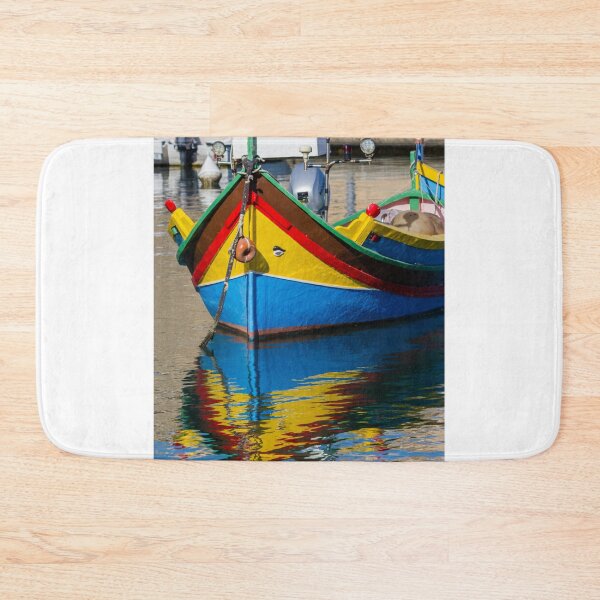 Item preview, Colorful Maltese Fishing Boat Luzzu Moored in Calm Harbor With Bright Reflections designed and sold by Nmallia.