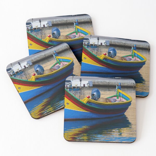 Item preview, Colorful Maltese Fishing Boat Luzzu Moored in Calm Harbor With Bright Reflections designed and sold by Nmallia.