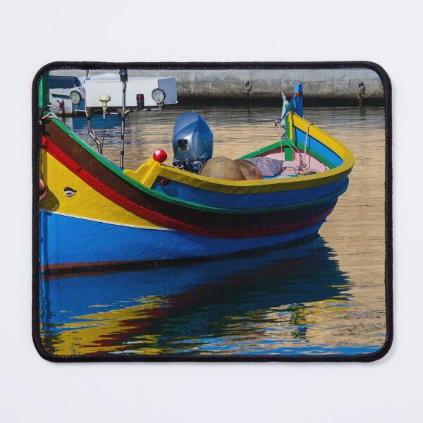 Item preview, Colorful Maltese Fishing Boat Luzzu Moored in Calm Harbor With Bright Reflections designed and sold by Nmallia.