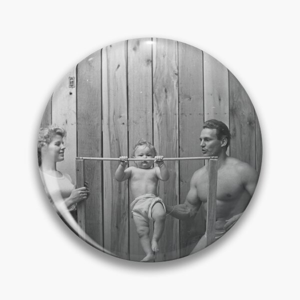 Item preview, Vintage bodybuilder Gene Jantzen with wife Pat and 11-month-old son Kent working out,1947 funny black and white photograph designed and sold by Astrid Arkhangelsky.