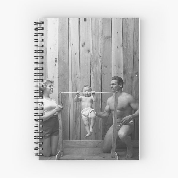 Item preview, Vintage bodybuilder Gene Jantzen with wife Pat and 11-month-old son Kent working out,1947 funny black and white photograph designed and sold by Astrid Arkhangelsky.