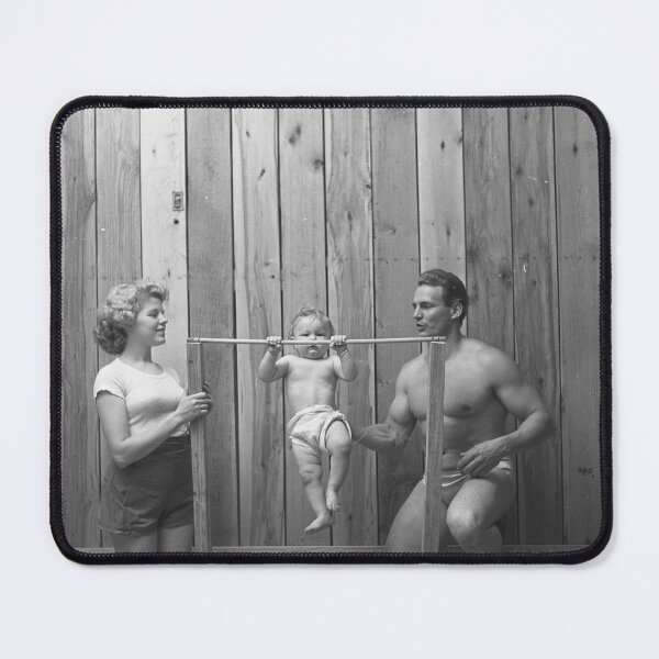 Item preview, Vintage bodybuilder Gene Jantzen with wife Pat and 11-month-old son Kent working out,1947 funny black and white photograph designed and sold by Astrid Arkhangelsky.