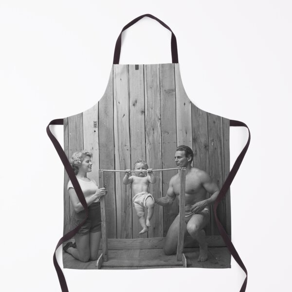 Item preview, Vintage bodybuilder Gene Jantzen with wife Pat and 11-month-old son Kent working out,1947 funny black and white photograph designed and sold by Astrid Arkhangelsky.