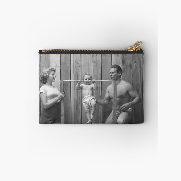 Item preview, Vintage bodybuilder Gene Jantzen with wife Pat and 11-month-old son Kent working out,1947 funny black and white photograph designed and sold by Astrid Arkhangelsky.