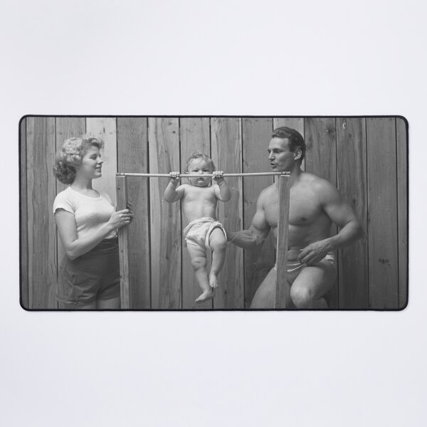 Item preview, Vintage bodybuilder Gene Jantzen with wife Pat and 11-month-old son Kent working out,1947 funny black and white photograph designed and sold by Astrid Arkhangelsky.