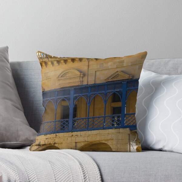 Item preview, Mediterranean Blue Wooden Balcony on Historic Limestone Building Facade in Warm Sunlight designed and sold by Nmallia.