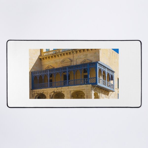 Item preview, Mediterranean Blue Wooden Balcony on Historic Limestone Building Facade in Warm Sunlight designed and sold by Nmallia.