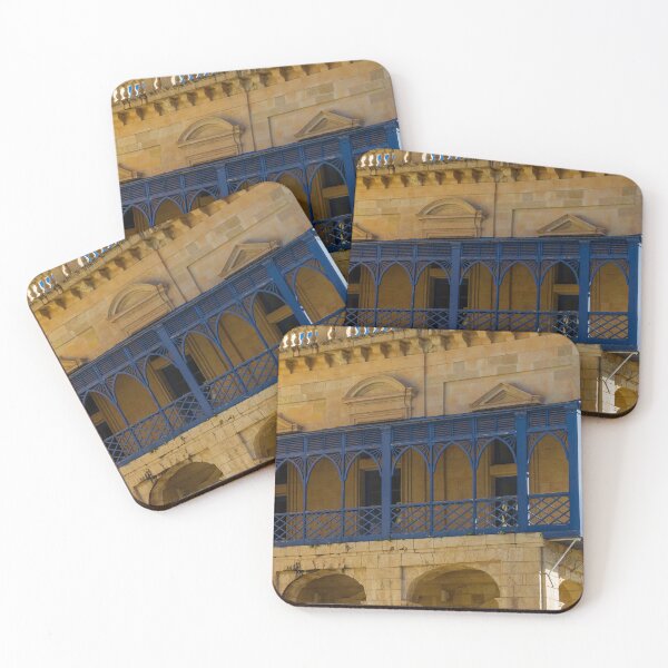 Item preview, Mediterranean Blue Wooden Balcony on Historic Limestone Building Facade in Warm Sunlight designed and sold by Nmallia.