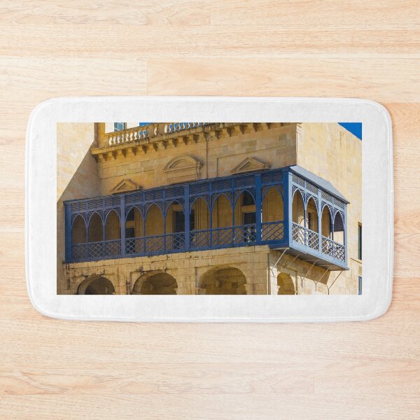 Item preview, Mediterranean Blue Wooden Balcony on Historic Limestone Building Facade in Warm Sunlight designed and sold by Nmallia.