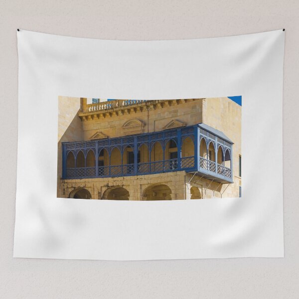 Item preview, Mediterranean Blue Wooden Balcony on Historic Limestone Building Facade in Warm Sunlight designed and sold by Nmallia.